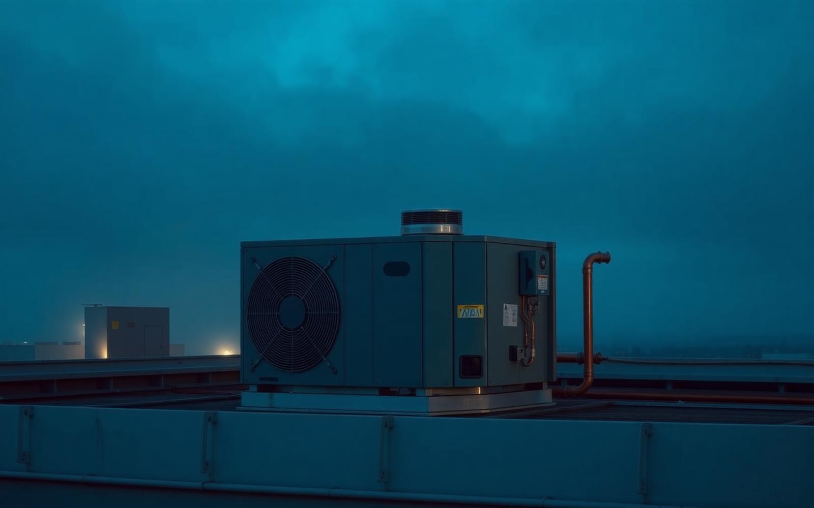 Rooftop HVAC unit at dusk